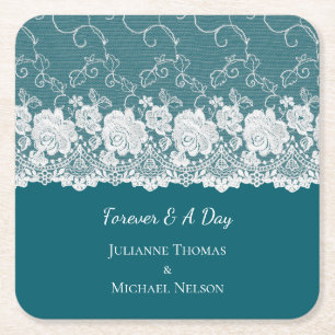 Romantic Teal White Lace Floral Wedding Square Paper Coaster