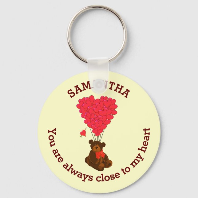 Romantic teddy bear and red heart personalised key ring (Front)