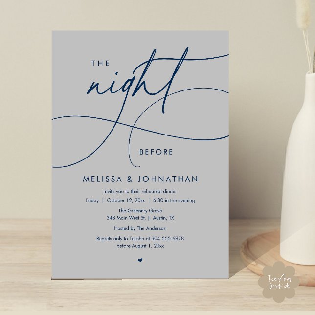 Romantic The Night Before Wedding Rehearsal Dinner Invitation (Romantic The Night Before Wedding Rehearsal Dinner Invitation card in navy blue and dark grey)