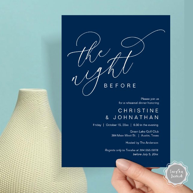 Romantic The Night Before Wedding Rehearsal Dinner Invitation (Romantic The Night Before Wedding Rehearsal Dinner Party Invitation Card, in Classy Navy Blue)
