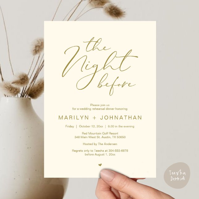 Romantic The Night Before Wedding Rehearsal Dinner Invitation (Romantic The Night Before Modern Wedding Rehearsal Dinner Invitation Card PDF Aesthetic Yellow Gold)
