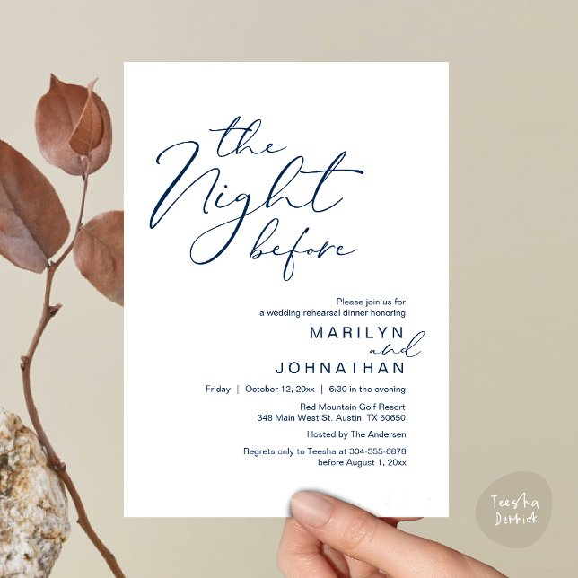 Romantic The Night Before Wedding Rehearsal Dinner Invitation (Romantic The Night Before Modern Wedding Rehearsal Dinner Invitation Card PDF Classy Navy Blue)