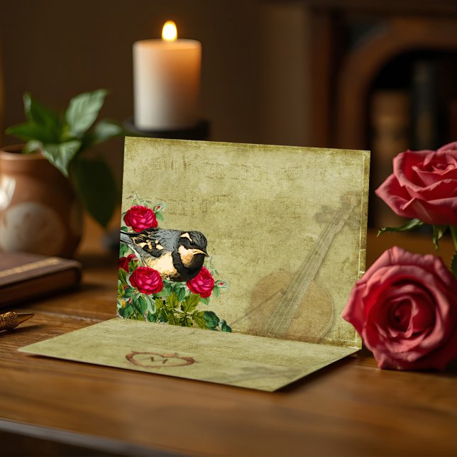 Romantic Thrush Bird Red Roses Vintage Ephemera Envelope (Romantic envelope with thrush bird, red roses, vintage sheet music, and personalized heart monogram.)