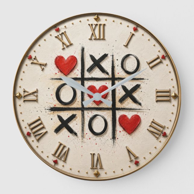 Romantic Tic Tac Toe Hearts  Large Clock (Front)