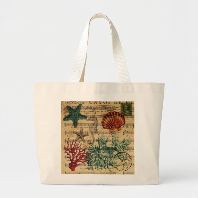 romantic tropical coastal coral seahorse starfish large tote bag (Front)