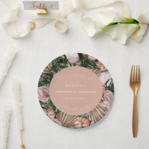 Romantic Tropical Floral soft Pink Green peach Paper Plate