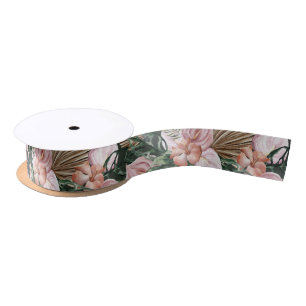 Romantic Tropical Floral soft Pink Green peach  Satin Ribbon