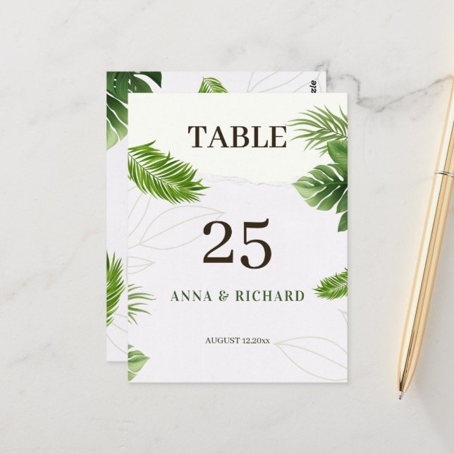 Romantic Tropical Wedding Table Number Card  (Front/Back In Situ)