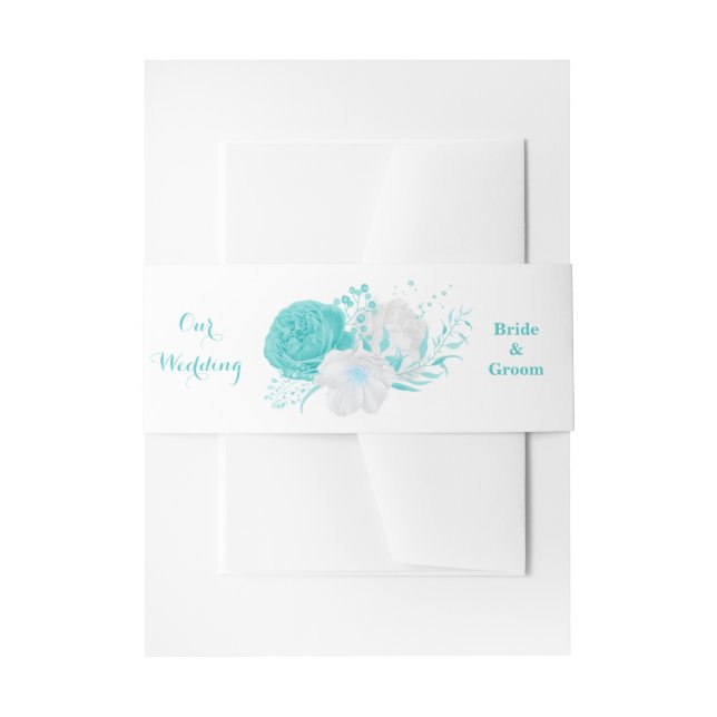 romantic turquoise flowers wedding  invitation belly band (Front Example)