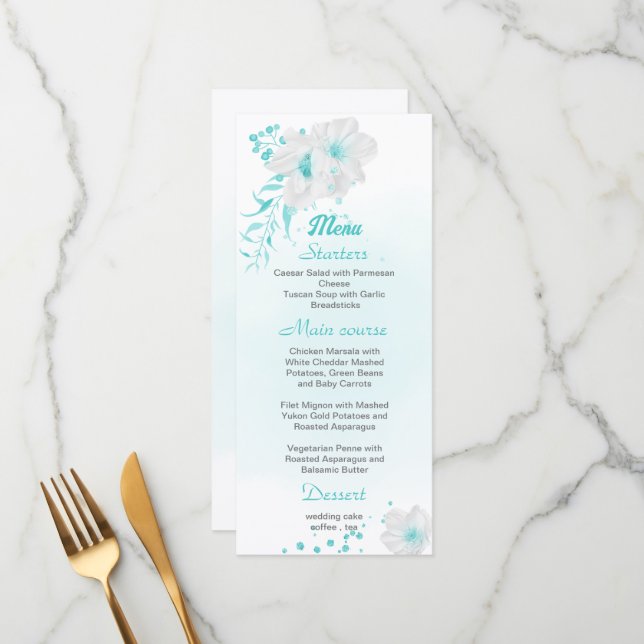 Romantic turquoise white floral wedding menu (Front/Back In Situ)
