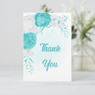 romantic turquoise white flowers botanical wedding thank you card