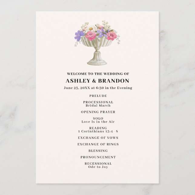 Romantic Tuscan Garden Urn Floral Wedding Programme (Front)