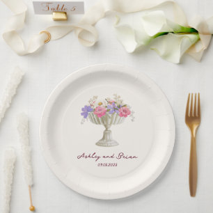 Romantic Tuscan Garden Urn with Flowers Wedding Paper Plate