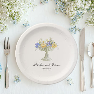 Romantic Tuscan Garden Urn with Flowers Wedding Paper Plate