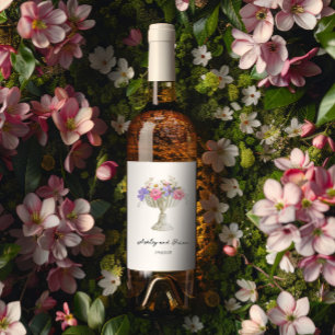 Romantic Tuscan Garden Urn with Flowers Wedding Wine Label