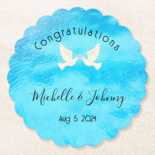 Romantic - two doves with pink heart on blue paper coaster