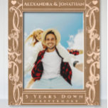 Romantic Two Heart Scroll Newlywed Wedding Photo<br><div class="desc">Romantic Two Hearts Scroll Newlywed Wedding Photo Laser Etched Wood Frames. Bride and Groom's Names at top of frame with a heart in each top corner. Five Years Down and Forever to Go at the bottom. Perfect for newlyweds 1st Christmas or for A 5th Wedding Anniversary Gift, according to tradition...</div>
