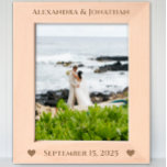 Romantic Two Hearts Newlywed Wedding Photo<br><div class="desc">Romantic Two Hearts Newlywed Wedding Photo Laser Etched Wood Frames, . Bride and Groom's Names at top of frame with wedding date at the bottom with two hearts at each bottom corner. Perfect for newlyweds 1st Christmas or for A 5th Wedding Anniversary Gift, according to tradition wood symbolises the depth...</div>
