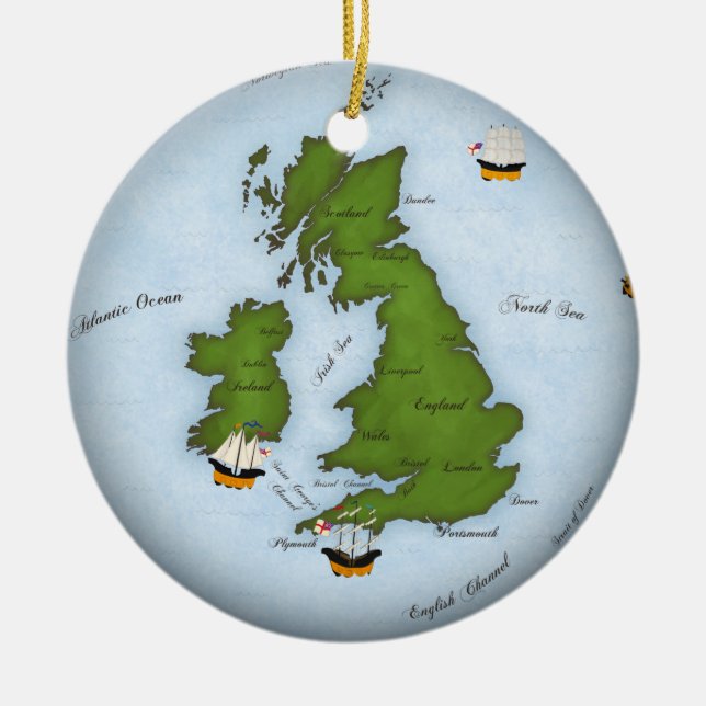 Romantic United Kingdom Map With Sailing Ships Ceramic Tree Decoration (Front)