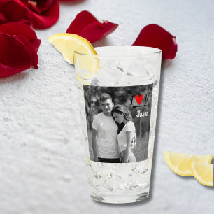 Romantic Valentine Couple Photo I Red Heart U Name Glass