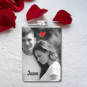 Romantic Valentine Couple Photo I Red Heart U Name Hip Flask