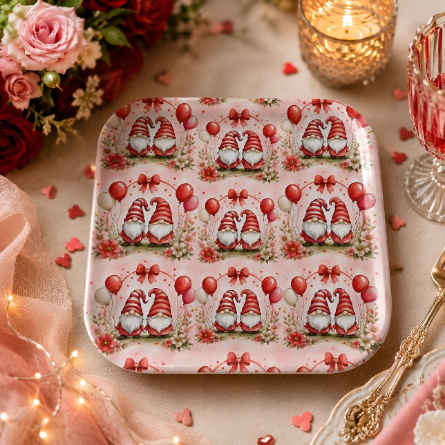 Romantic Valentine Gnome Party Paper Plates (Creator Uploaded)