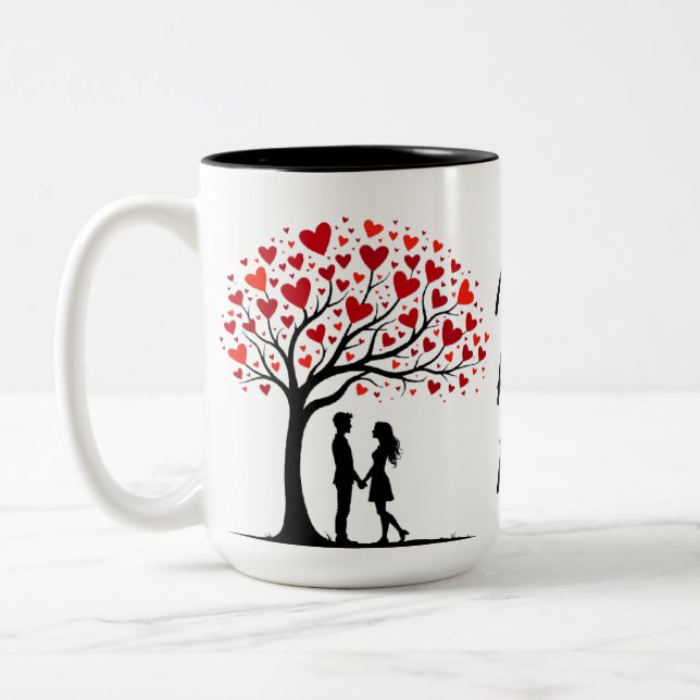 Romantic Valentine’s Day Love Tree Design Two-Tone Coffee Mug (Left)