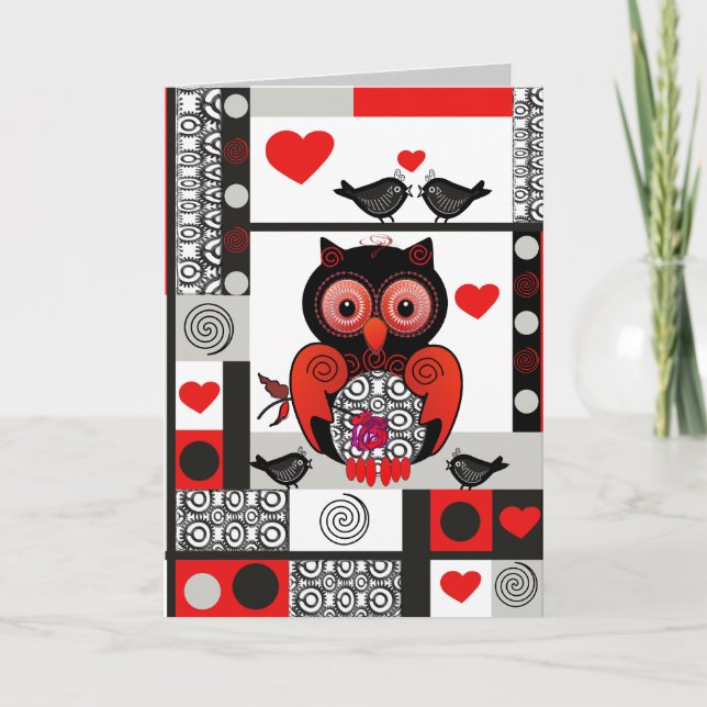 Romantic Valentine's day card with Owl & Lovebirds (Front)