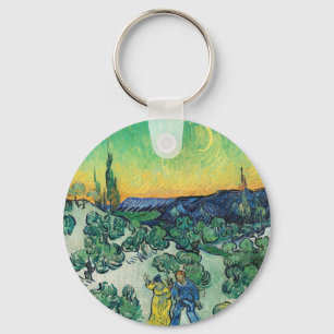 Romantic Van Gogh Couple Walking Under Moon Key Ring