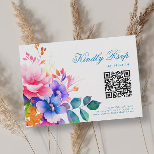 Romantic Vibrant Rainbow Floral Wedding RSVP QR Card