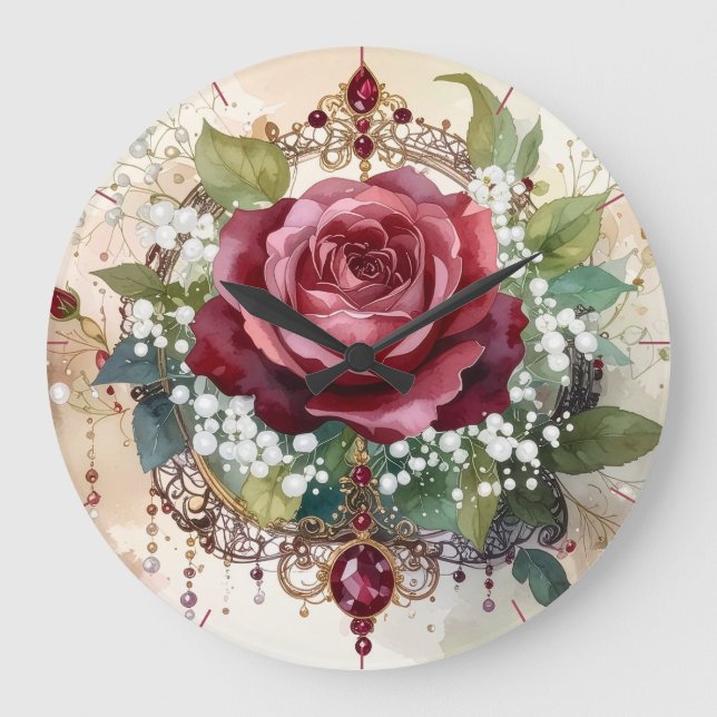 Romantic Victorian Elegant Red Rose and Rubies Large Clock (Front)