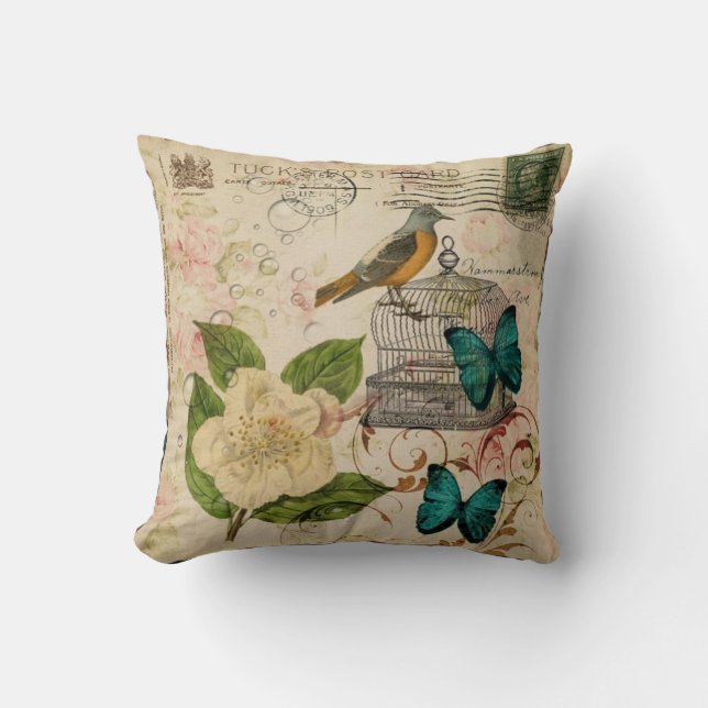 romantic victorian floral spring bird botanical cushion (Front)