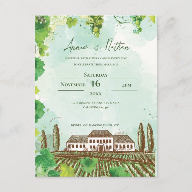 Romantic Vineyard & Grapevine Wedding Invitation Postcard (Front)
