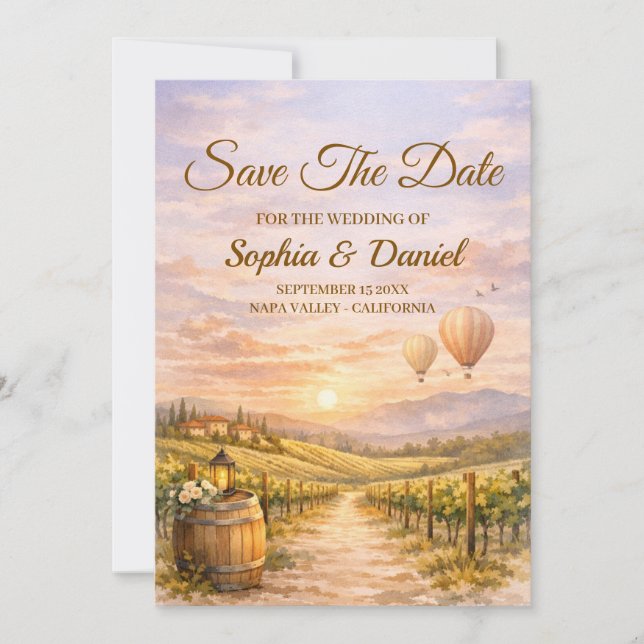 Romantic Vineyard Sunset Save The Date (Front)