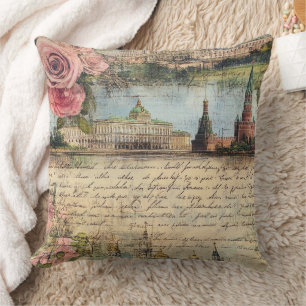 Romantic Vintage Architecture & Roses Collage Art Cushion