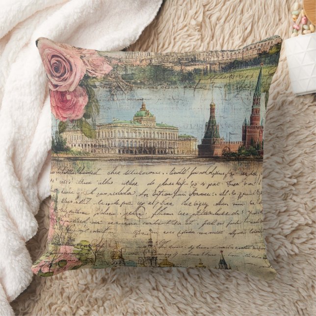 Romantic Vintage Architecture & Roses Collage Art Cushion (Blanket)