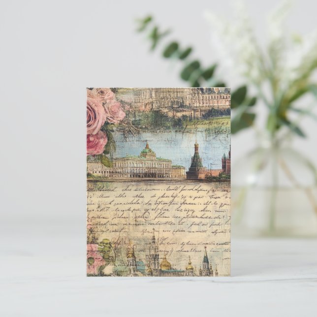 Romantic Vintage Architecture & Roses Collage Art Postcard (Standing Front)