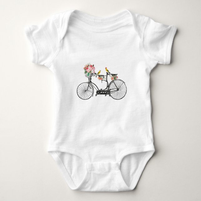 Romantic Vintage Bicycle Flowers & Birds  Baby Bodysuit (Front)