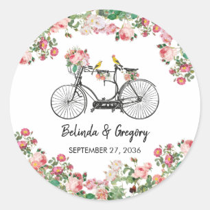Romantic Vintage Bicycle Flowers & Birds Wedding Classic Round Sticker