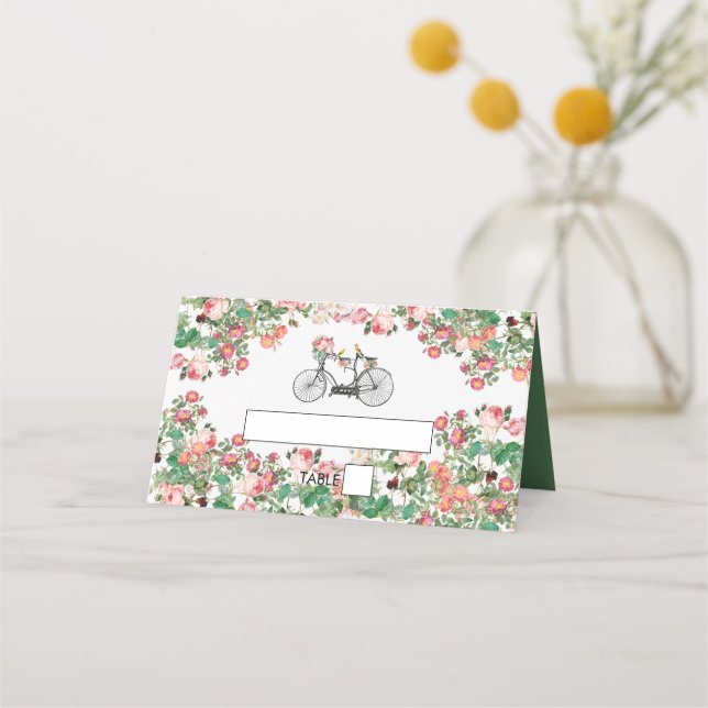 Romantic Vintage Bicycle Flowers & Birds Wedding Place Card (Front)