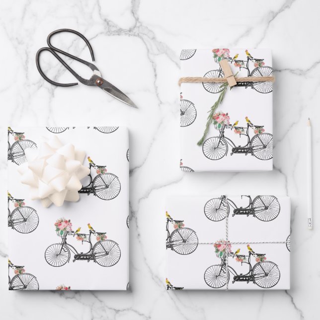 Romantic Vintage Bicycle Flowers & Birds Wrapping Paper Sheet (Front)