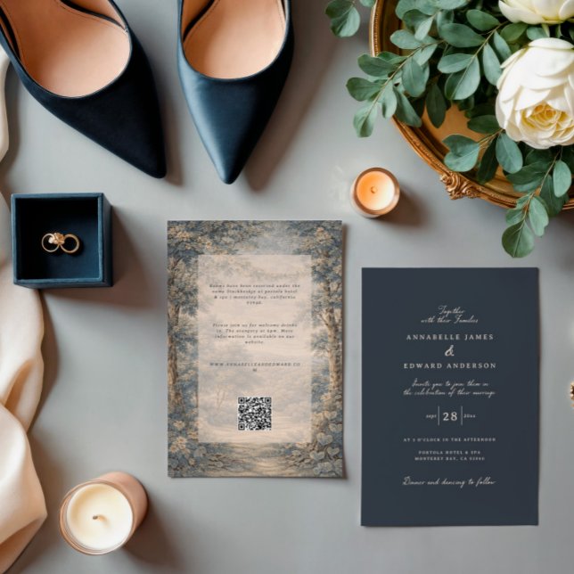 Romantic Vintage Botanical Blue Beige tapestry Invitation (Creator Uploaded)