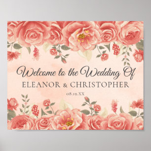 Romantic Vintage Coral Roses Wedding Welcome Poster