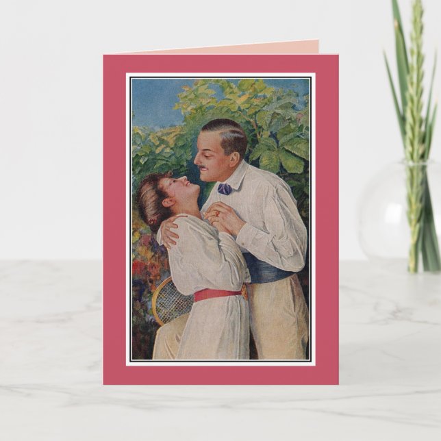 Romantic vintage couple, tennis racket holiday card (Front)