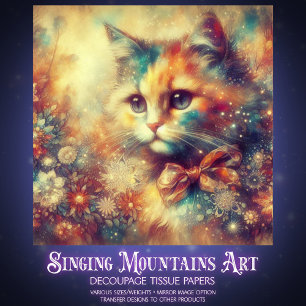 Romantic Vintage Floral Watercolor Cat Decoupage Tissue Paper