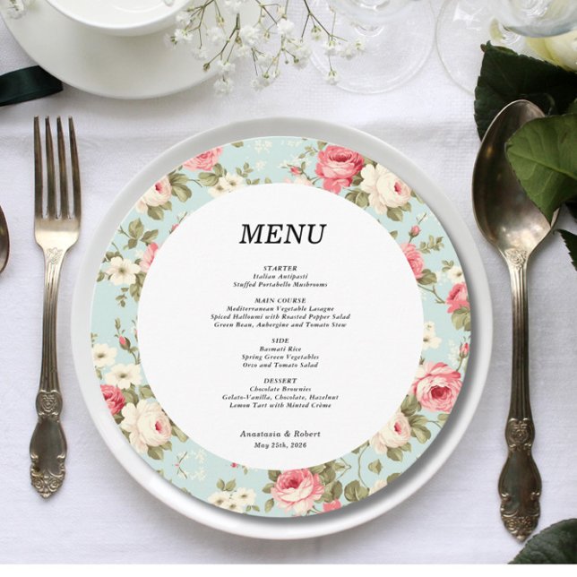 Romantic Vintage Floral Wedding Round Menu Card (Creator Uploaded)