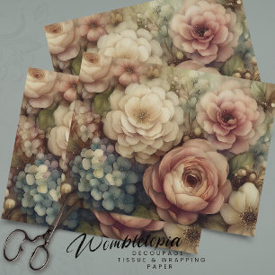 Romantic Vintage Florals in Pink Blue Decoupage  Tissue Paper