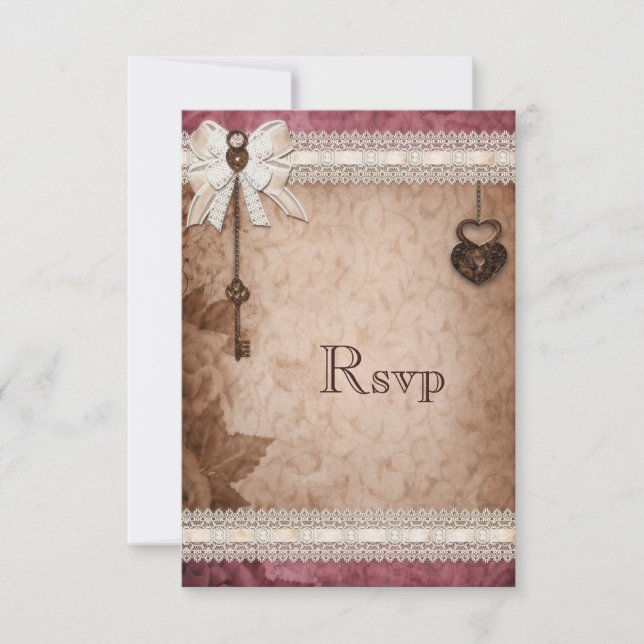 Romantic Vintage Hearts Locks and Keys RSVP Card (Front)