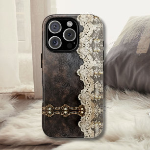 Romantic Vintage Leather Lace Look Women's Case-Mate iPhone 14 Pro Max Case