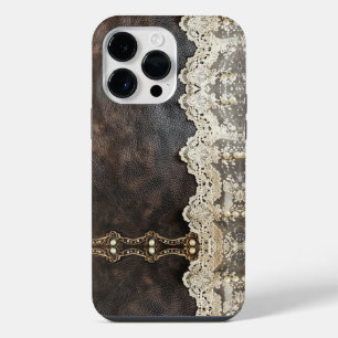 Romantic Vintage Leather Lace Look Women's iPhone 14 Pro Max Case